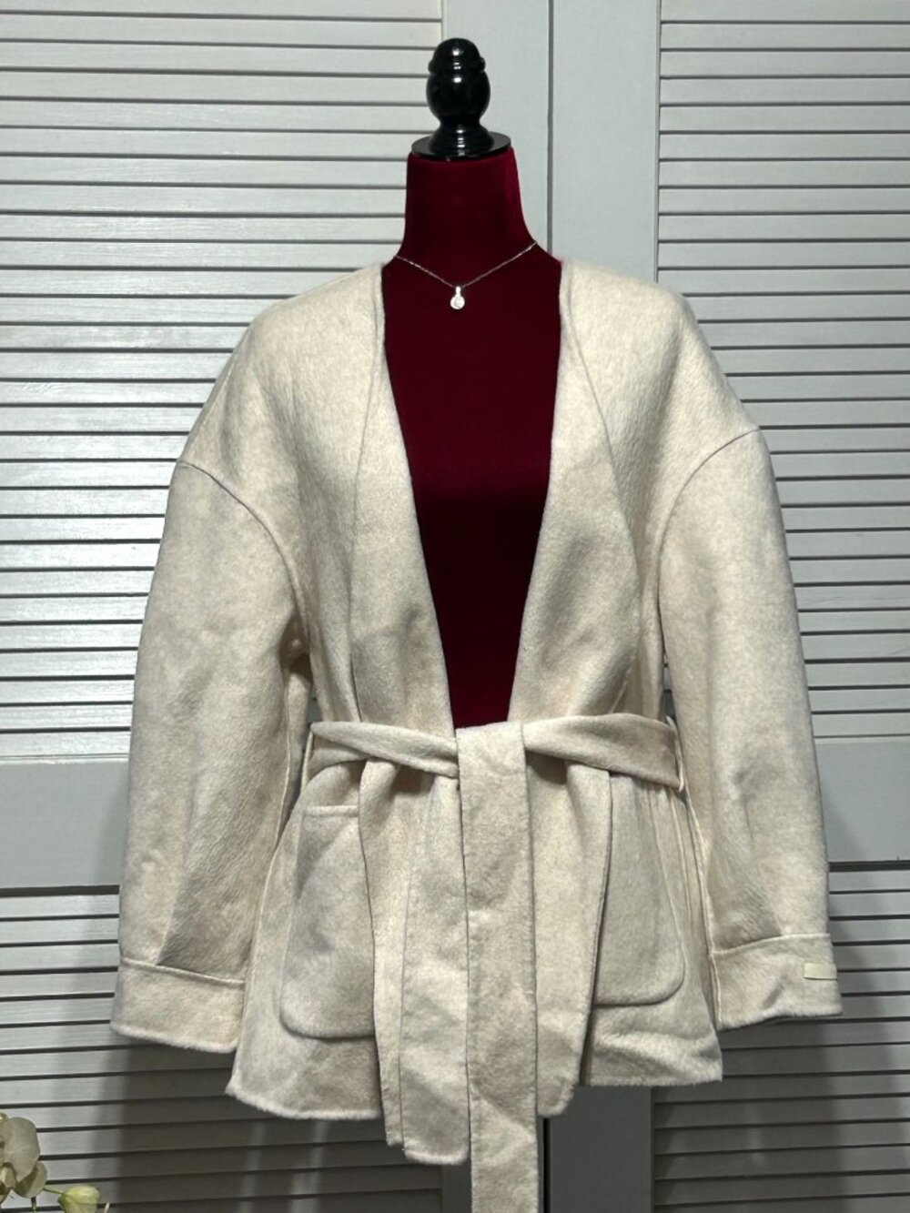 Art Is Over Women's Beige Belted Wool Blend Open Front Cardigan Jacket Sz M 3055